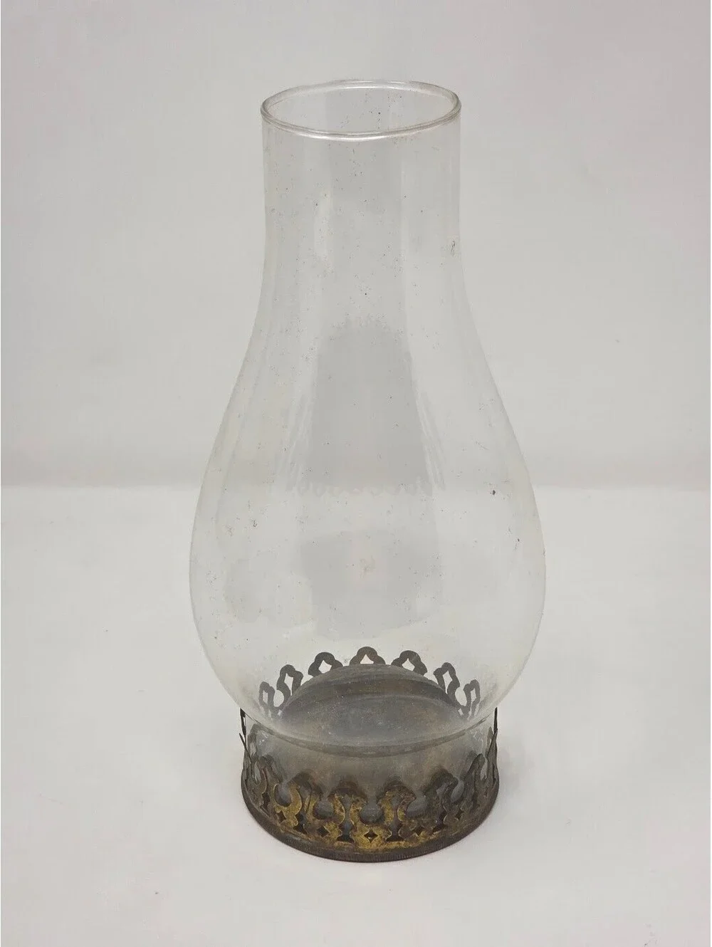 Clear Glass Oil Lamp Chimney With Ornate Brass Tone Pierced Metal Base